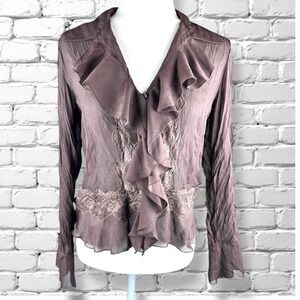 Vintage Y2K Brown Ruffle Top Womens Size Small Fairy Grunge Chiffon Boho Indie